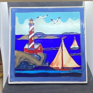 Tile Deco Lighthouse Sailboat Ceramic Wall Plaque | Coastal Nautical Decor